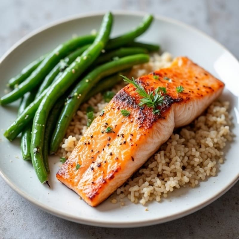Seared Salmon Fillet with Garlic Green Beans and Brown Rice