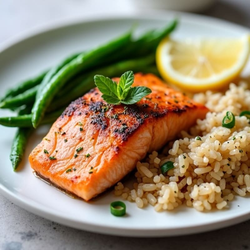 Seared Salmon Fillet with Garlic Green Beans and Brown Rice