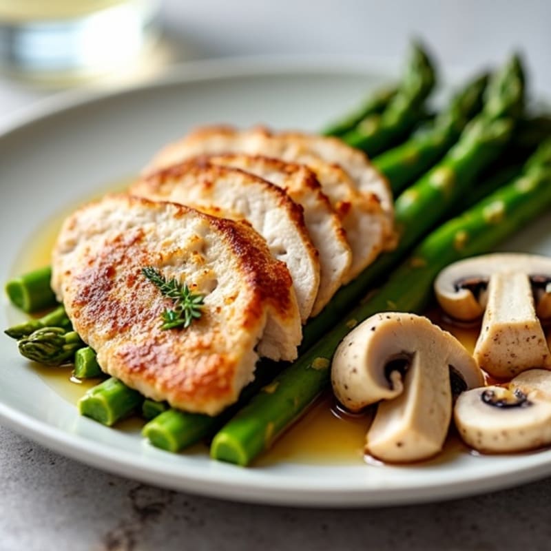 Seared Turkey Breast with Steamed Asparagus and Garlic Mushrooms