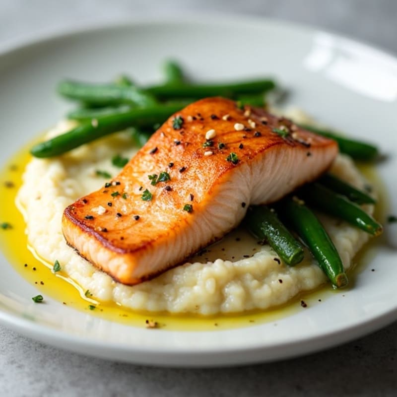 Seared Salmon with Garlic Green Beans and Cauliflower Mash