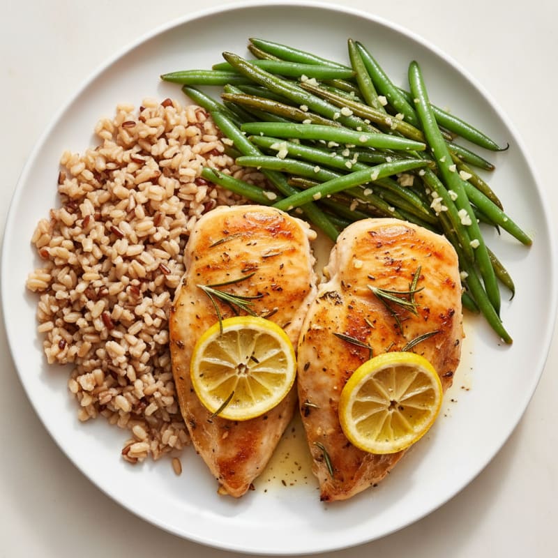 Oven-Baked Lemon Herb Chicken Breasts with Garlic Green Beans and Brown Rice