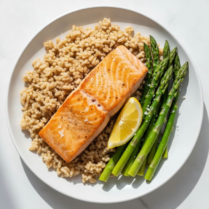 Seared Salmon with Steamed Asparagus and Brown Rice