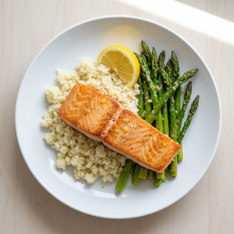 Seared Salmon with Roasted Asparagus and Cauliflower Rice