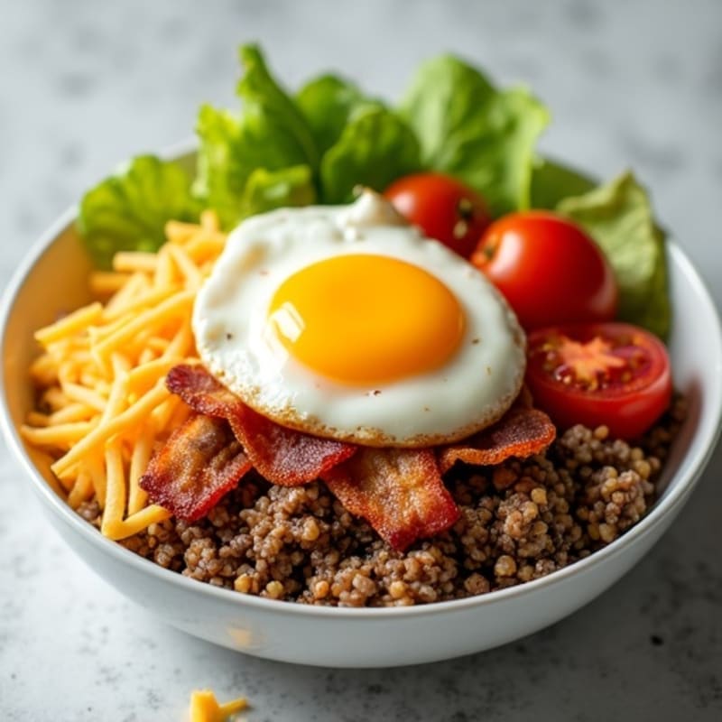Lean Ground Beef Cheeseburger Bowl with Crispy Turkey Bacon
