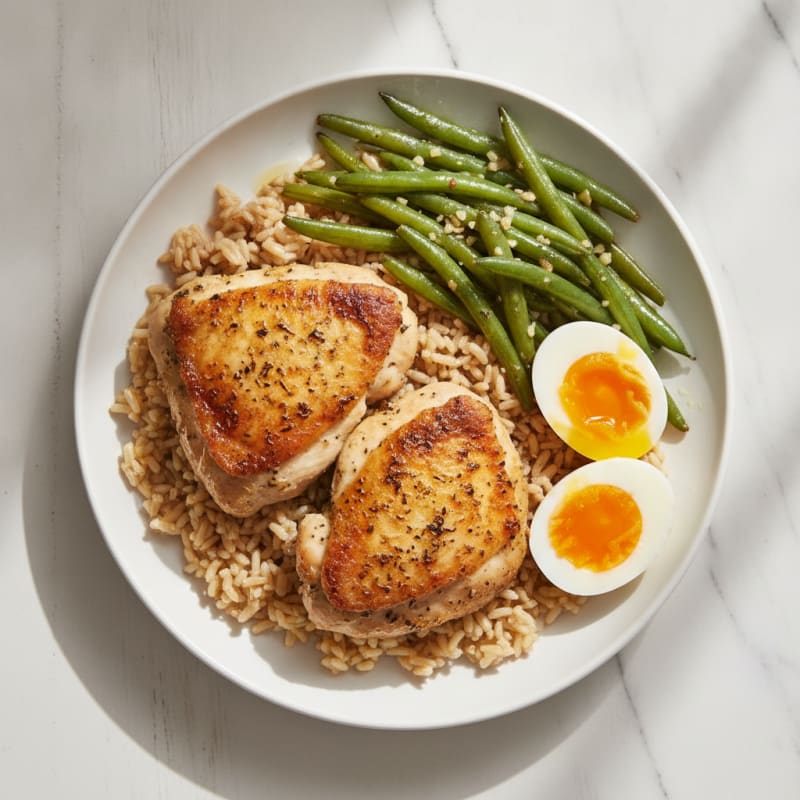 Oven-Baked Herb Chicken Thighs with Garlic Green Beans and Brown Rice