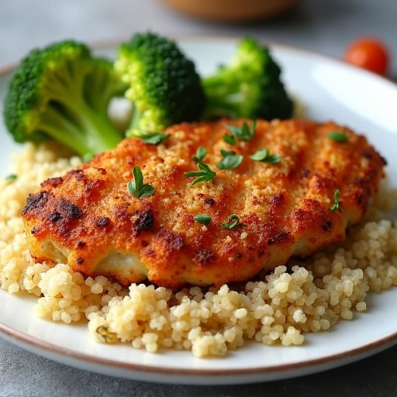 Crispy Grilled Vegan Chicken with Roasted Broccoli and Fluffy Quinoa