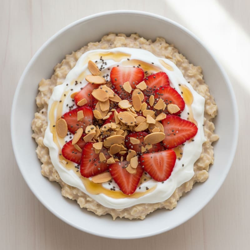Creamy Protein Oatmeal with Greek Yogurt and Sliced Strawberries