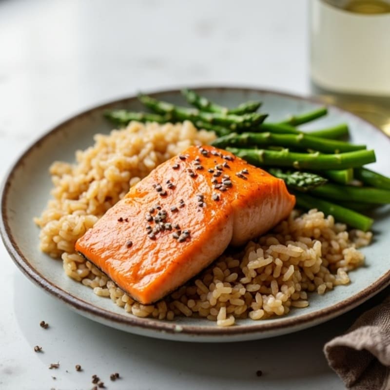 Seared Salmon with Steamed Asparagus and Brown Rice