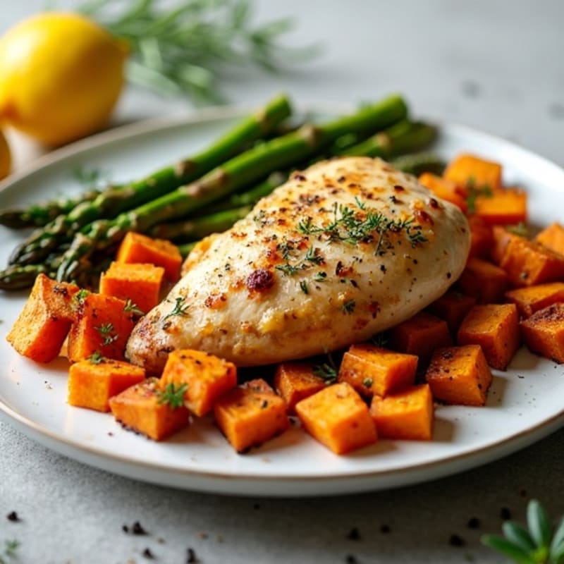 Crispy Lemon Herb Roasted Chicken with Roasted Asparagus and Sweet Potatoes