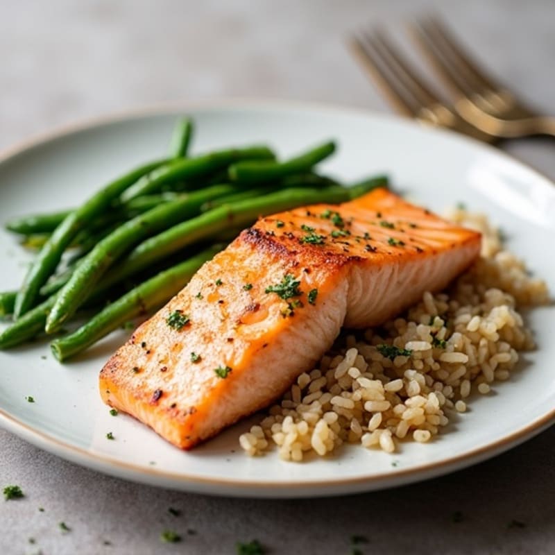 Seared Salmon Fillet with Garlic Green Beans and Brown Rice