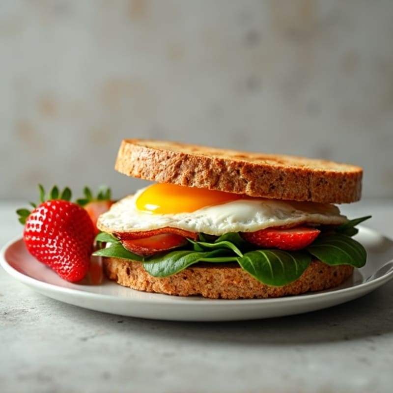 Egg and Spinach Breakfast Sandwich with Fresh Strawberries