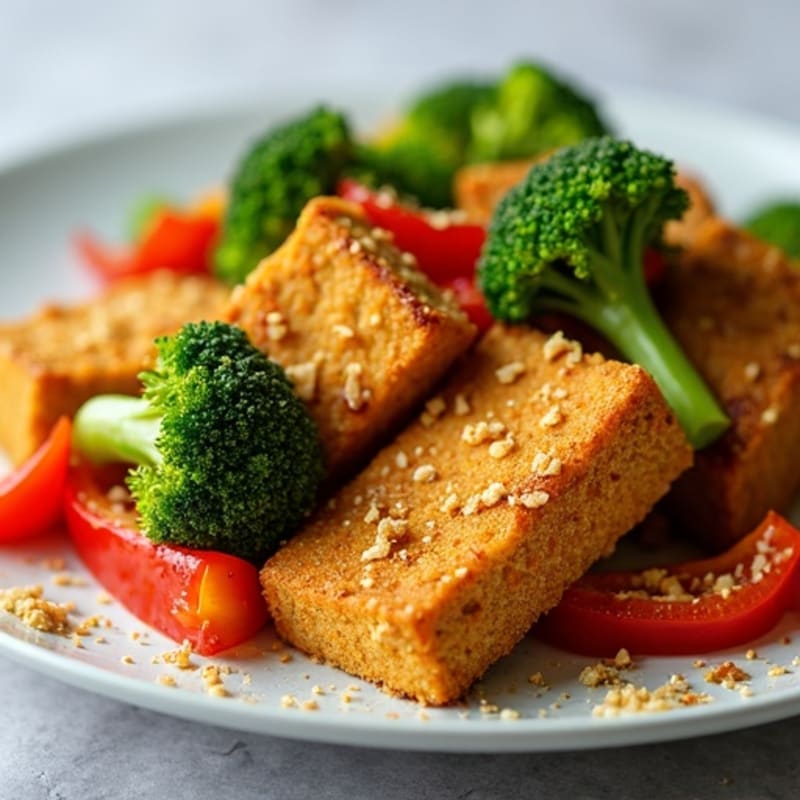 Crispy Tofu with Roasted Broccoli and Bell Peppers