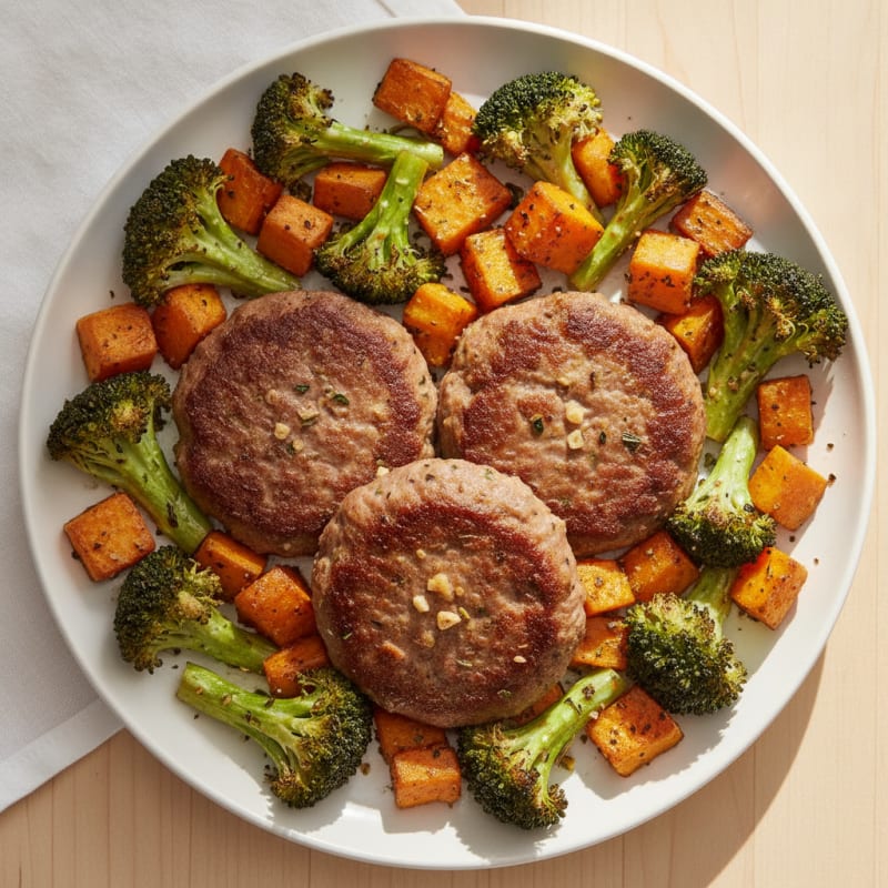 Seared Ground Venison Patties with Roasted Broccoli and Sweet Potato