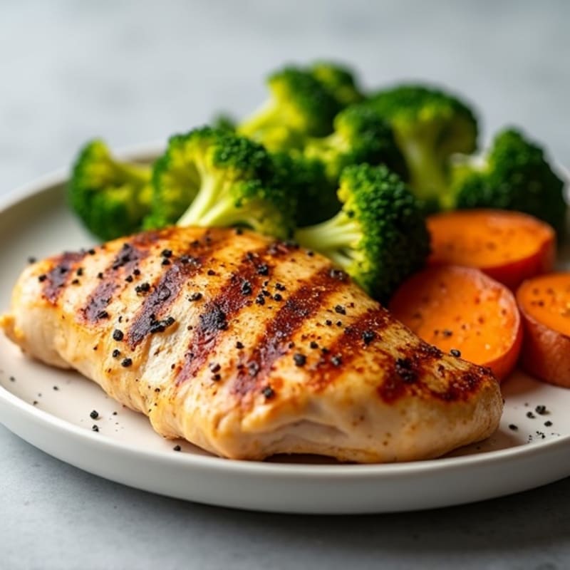 Grilled Chicken Breast with Roasted Sweet Potato and Broccoli