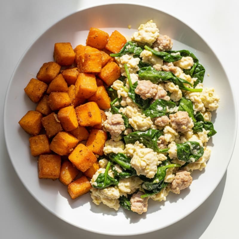 Egg White and Turkey Sausage Scramble with Spinach and Roasted Sweet Potato