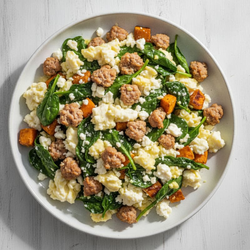 Egg White and Turkey Sausage Scramble with Spinach and Feta