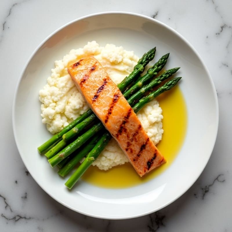 Seared Salmon with Steamed Asparagus and Cauliflower Mash
