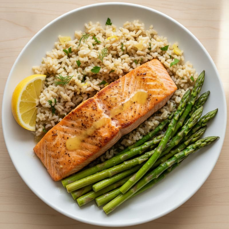 Seared Salmon with Steamed Asparagus and Lemon Herb Rice