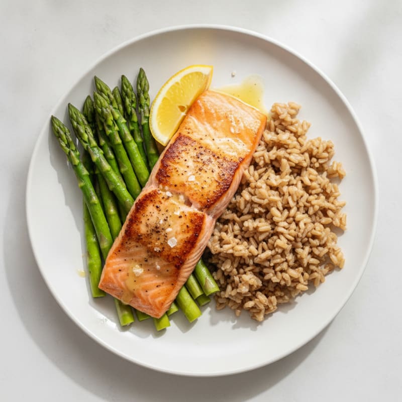 Seared Salmon Fillet with Steamed Asparagus and Brown Rice