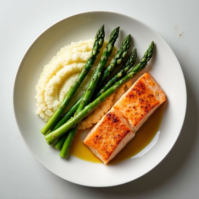 Seared Salmon with Steamed Asparagus and Cauliflower Mash