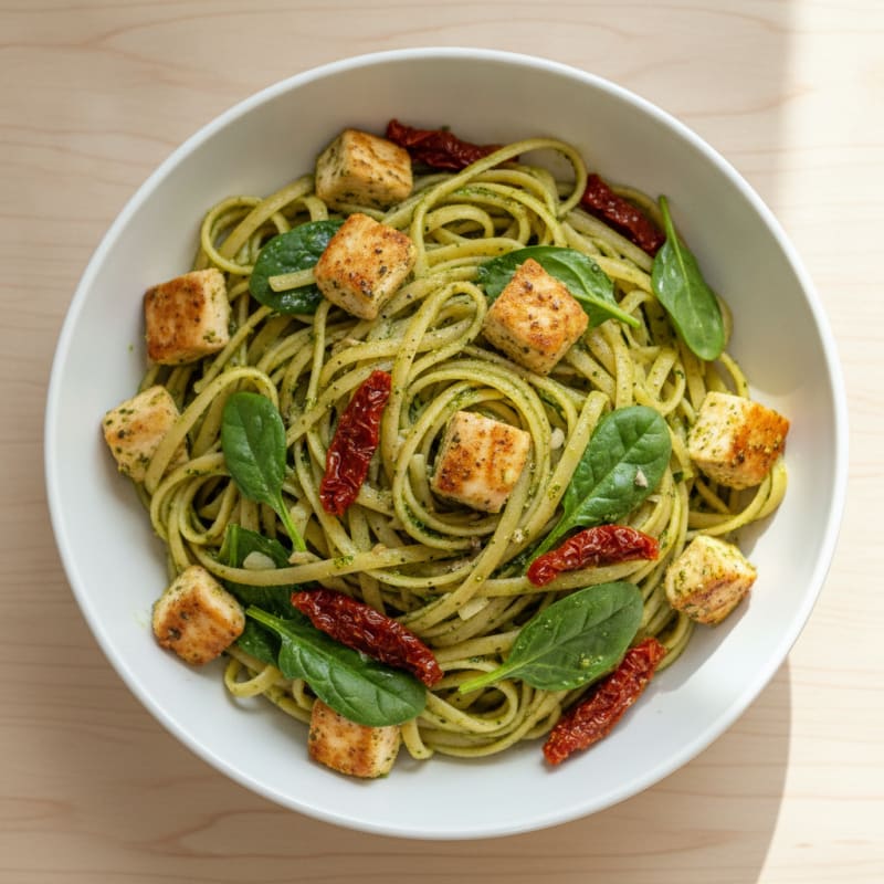 Pesto Chicken Linguine with Sun-Dried Tomatoes