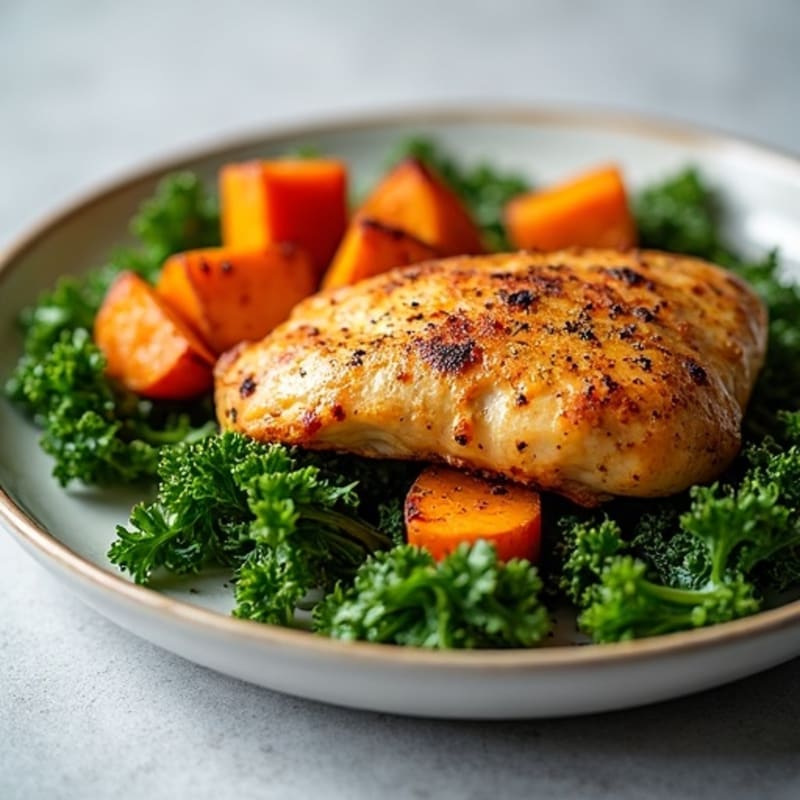 Crispy Roasted Chicken and Kale with Roasted Sweet Potatoes
