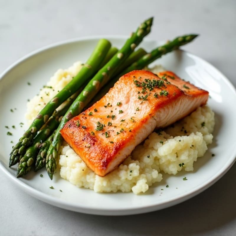 Seared Salmon with Steamed Asparagus and Garlic Cauliflower Mash