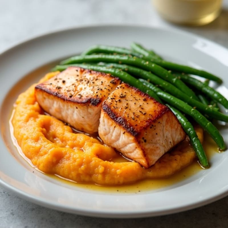 Seared Salmon with Garlic Green Beans and Sweet Potato Mash