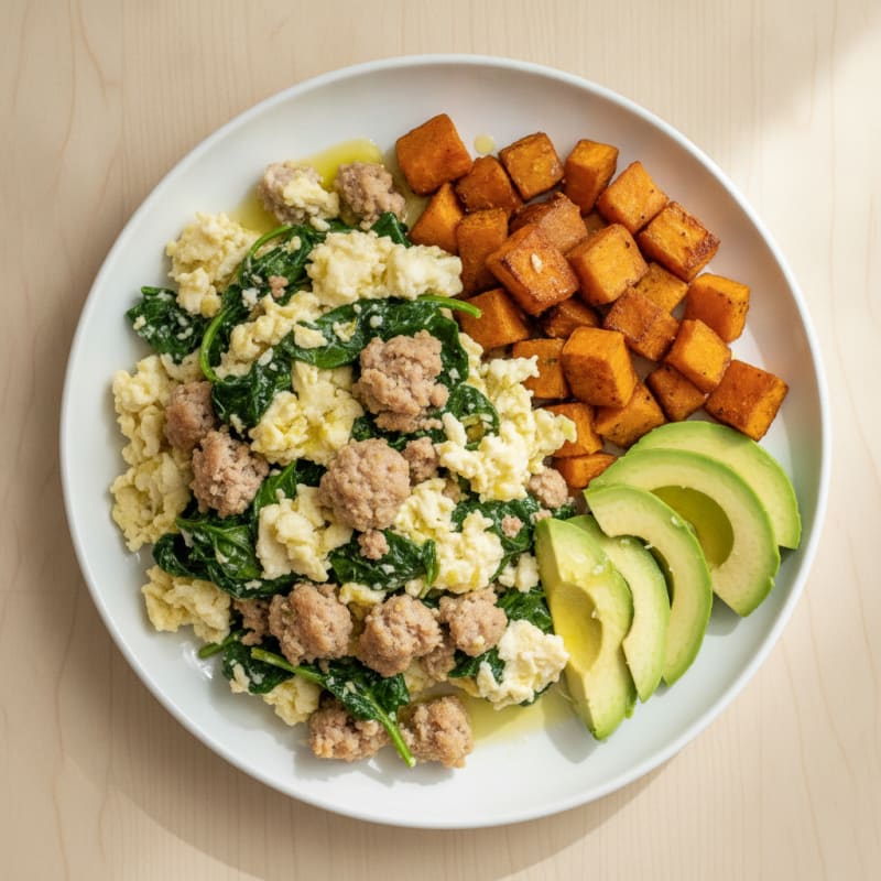 Egg White Spinach Scramble with Turkey Sausage