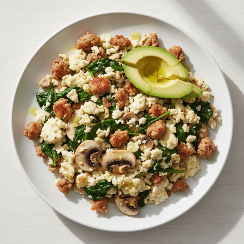Egg White and Turkey Sausage Scramble with Spinach and Mushrooms