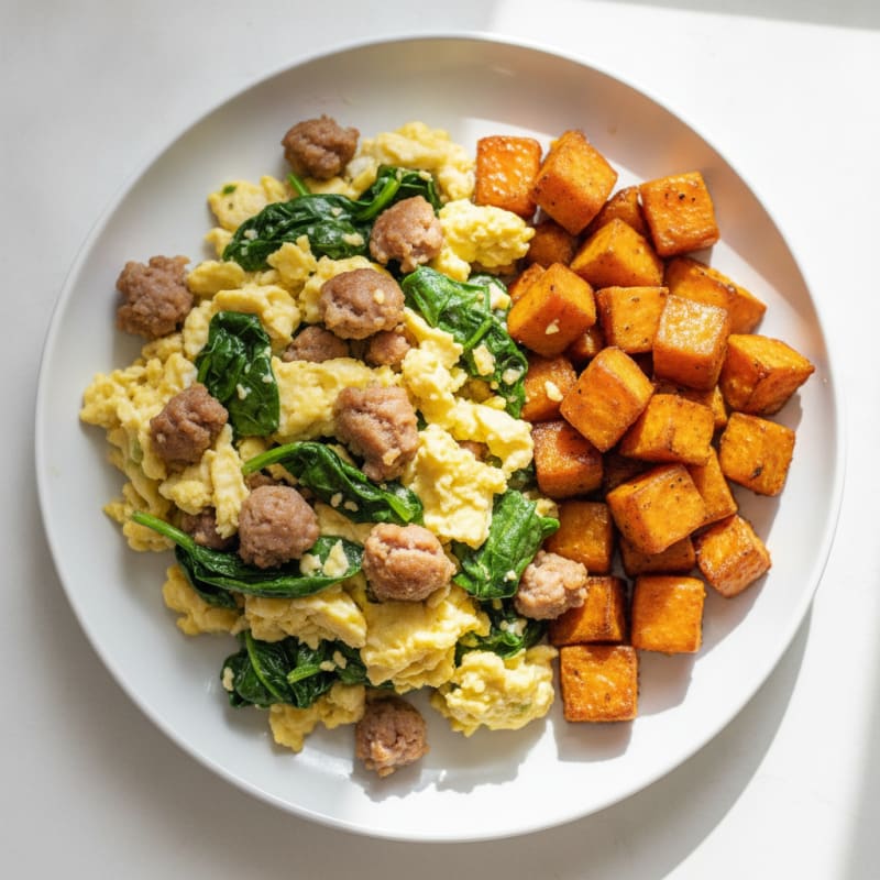 Scrambled Egg Whites with Turkey Sausage and Sautéed Spinach