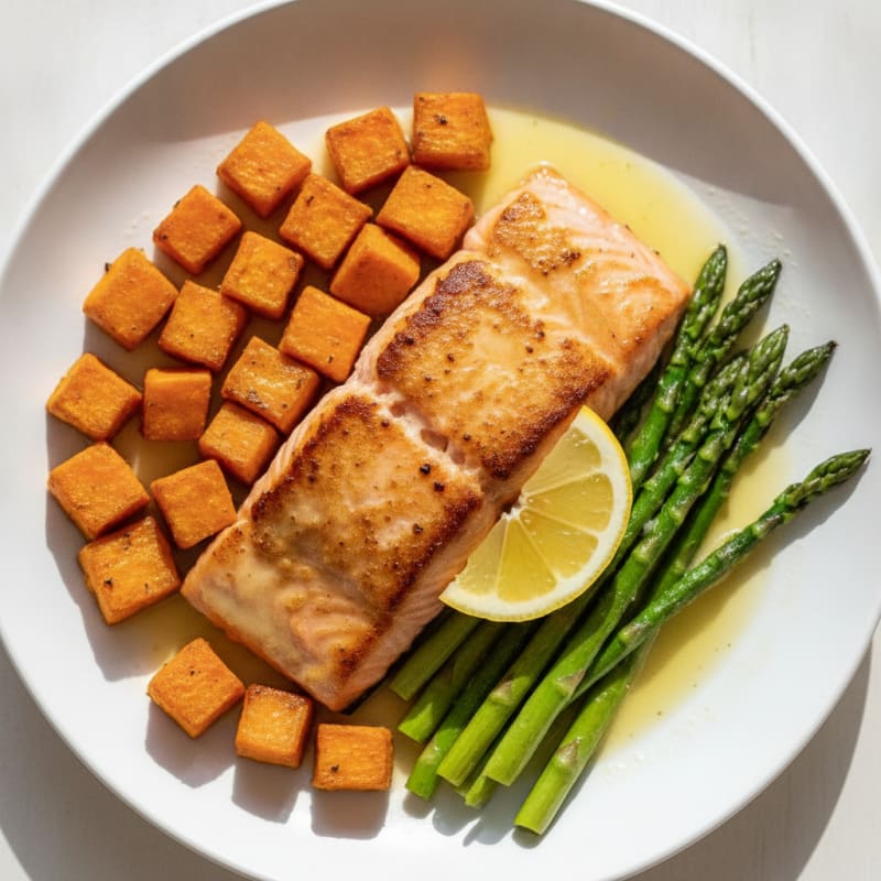 Seared Salmon Fillet with Roasted Sweet Potato and Asparagus