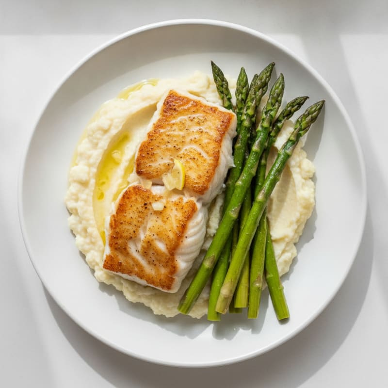 Seared Cod with Roasted Asparagus and Cauliflower Mash