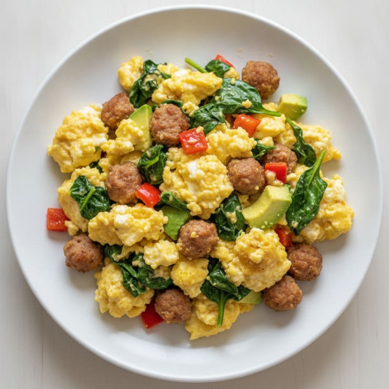 Cottage Cheese Egg Scramble with Spinach and Turkey Sausage