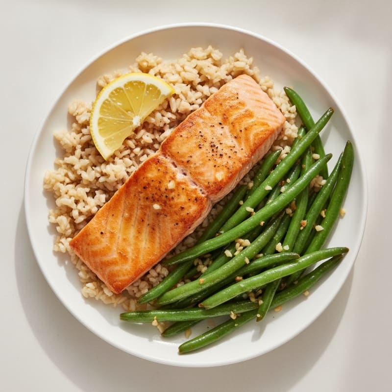 Seared Salmon with Garlic Green Beans and Brown Rice