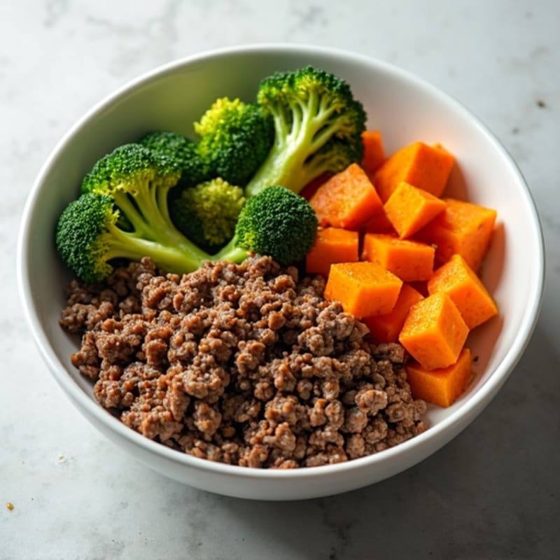 Lean Ground Beef and Sweet Potato Bowl with Roasted Broccoli and Olive Oil