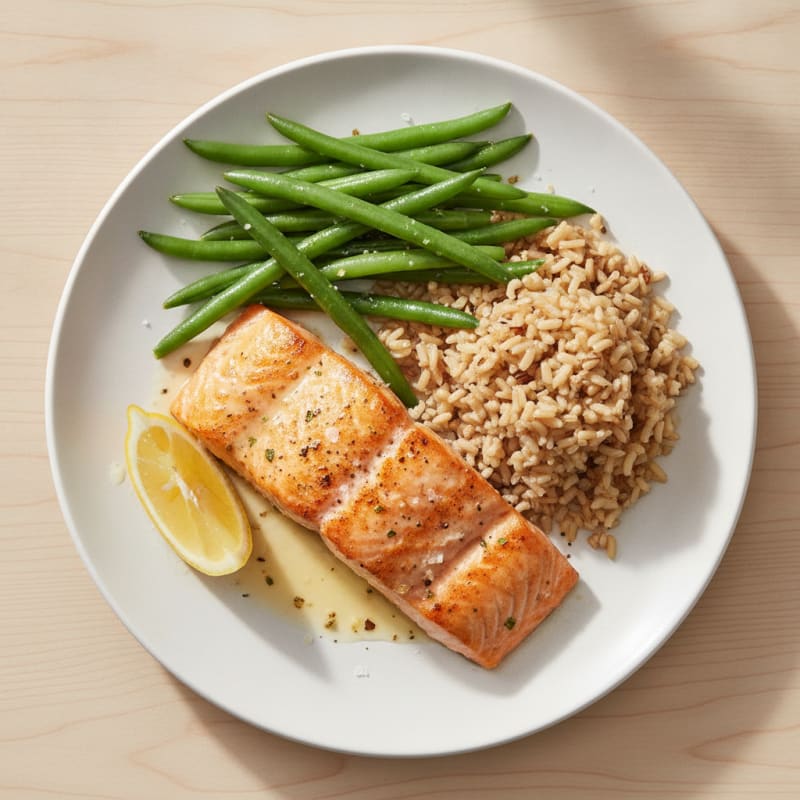 Seared Salmon with Steamed Green Beans and Brown Rice