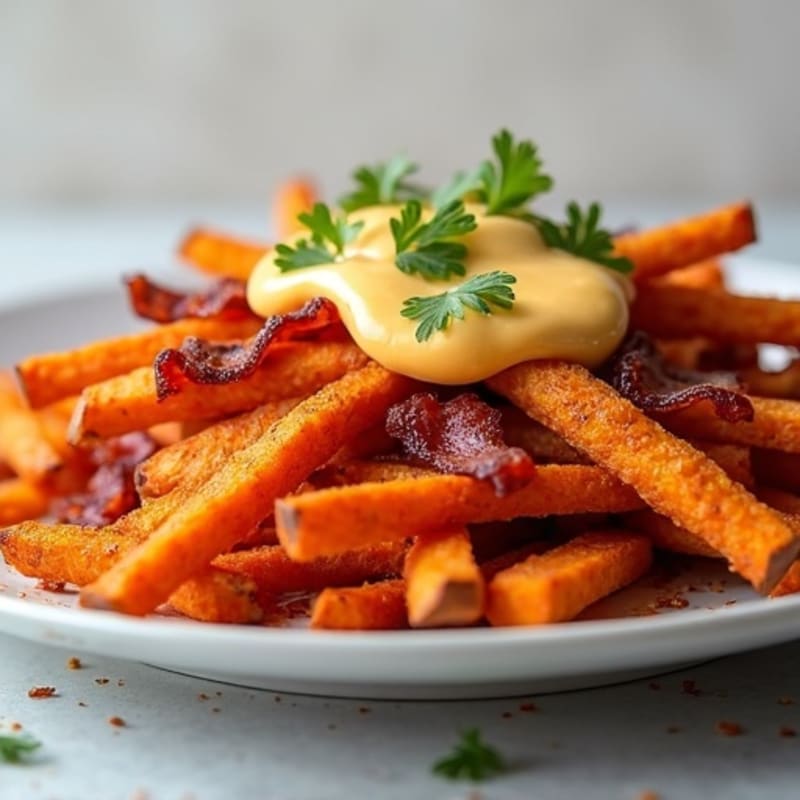 Crispy Sweet Potato Fries with Smoky Bacon and Creamy Cheese Sauce