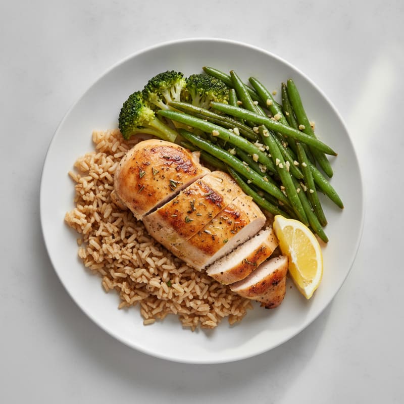 Herb-Roasted Chicken Breast with Broccoli and Garlic String Beans