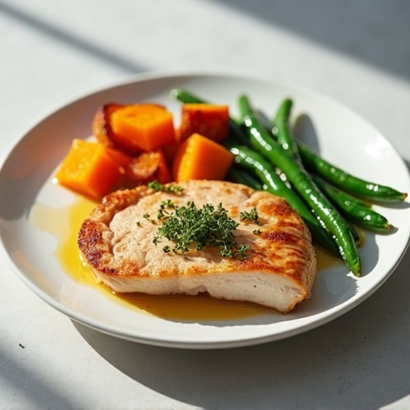 Seared Turkey Breast with Roasted Sweet Potato and Green Beans