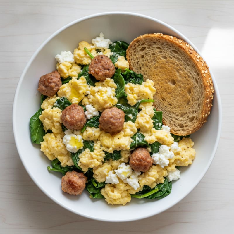 Cottage Cheese Scramble with Spinach and Turkey Sausage