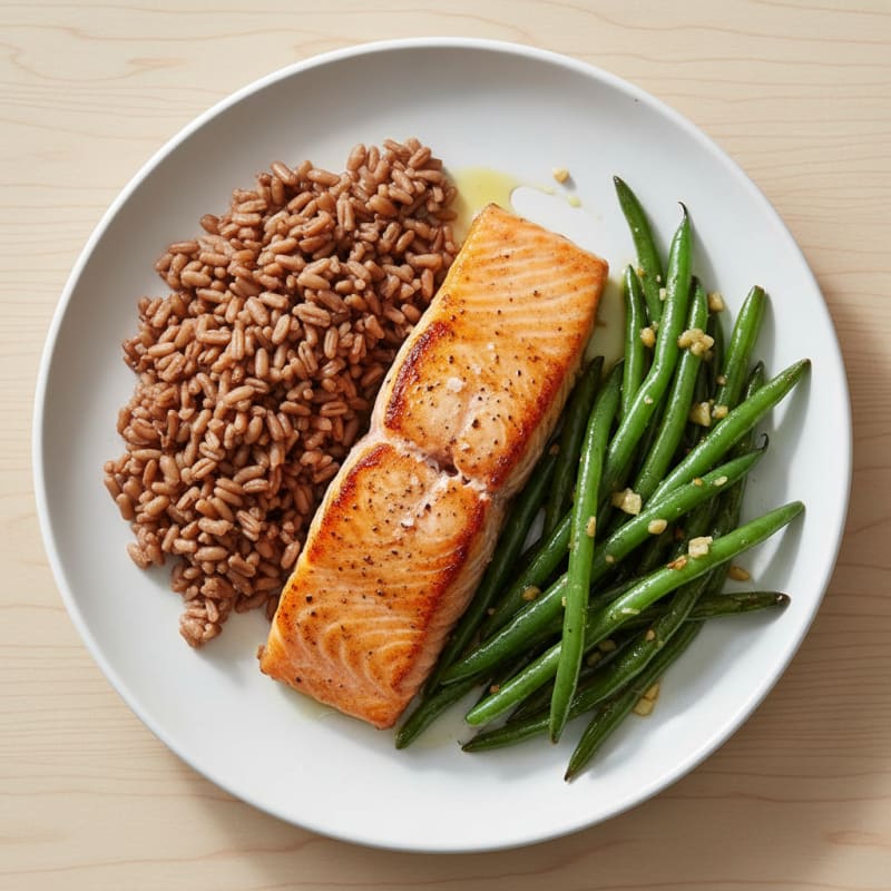 Seared Salmon with Garlic Green Beans and Brown Rice