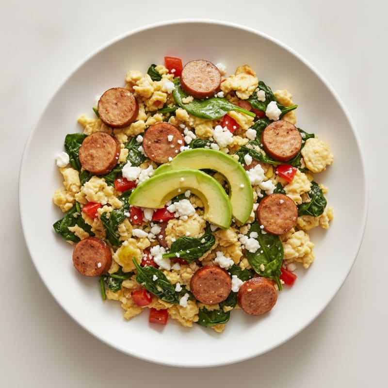 Egg White Scramble with Chicken Sausage and Sautéed Spinach