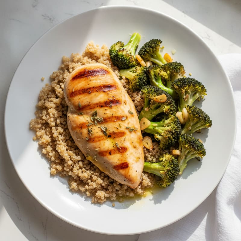 Grilled Lemon Chicken Breast with Quinoa and Roasted Broccoli