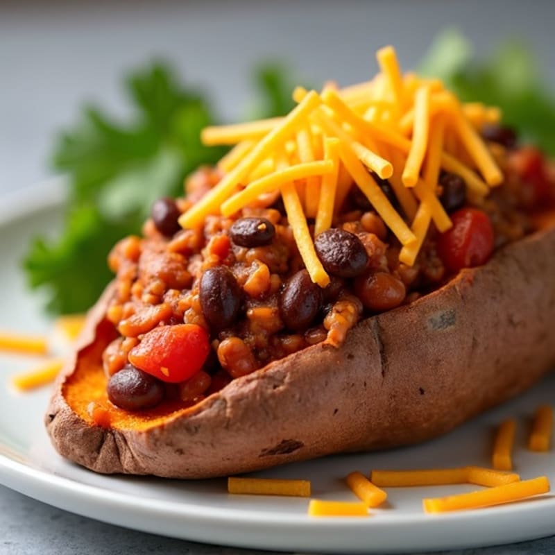 Crispy Baked Sweet Potato with Lean Turkey Chili and Melted Cheddar