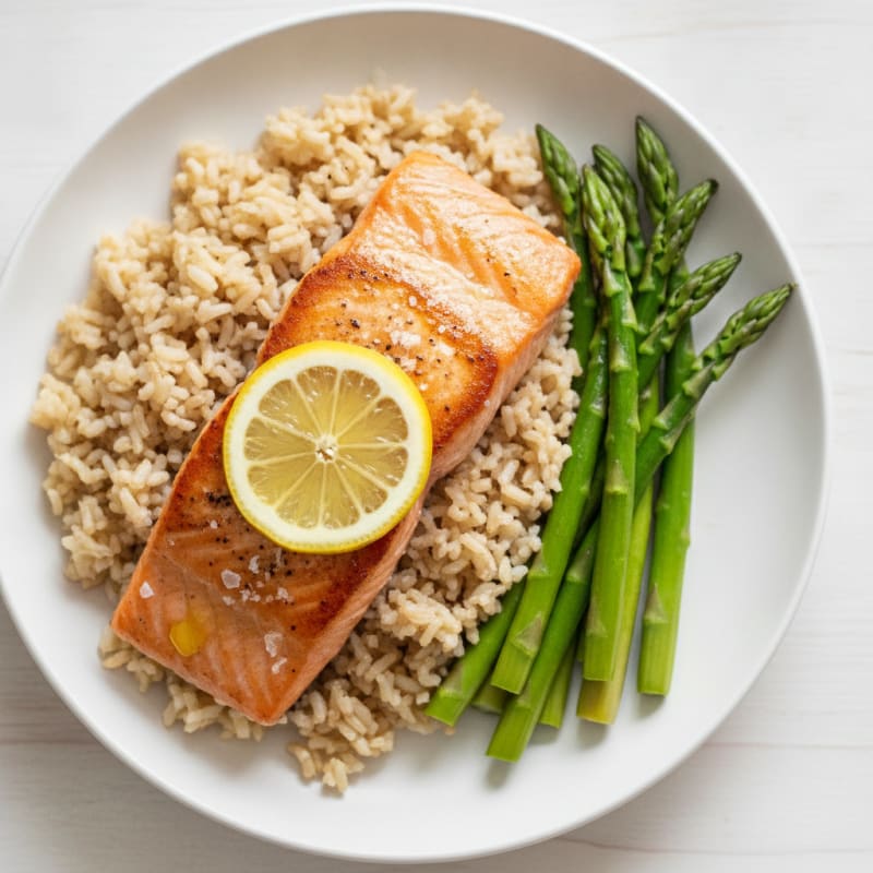 Seared Salmon Fillet with Steamed Asparagus and Brown Rice