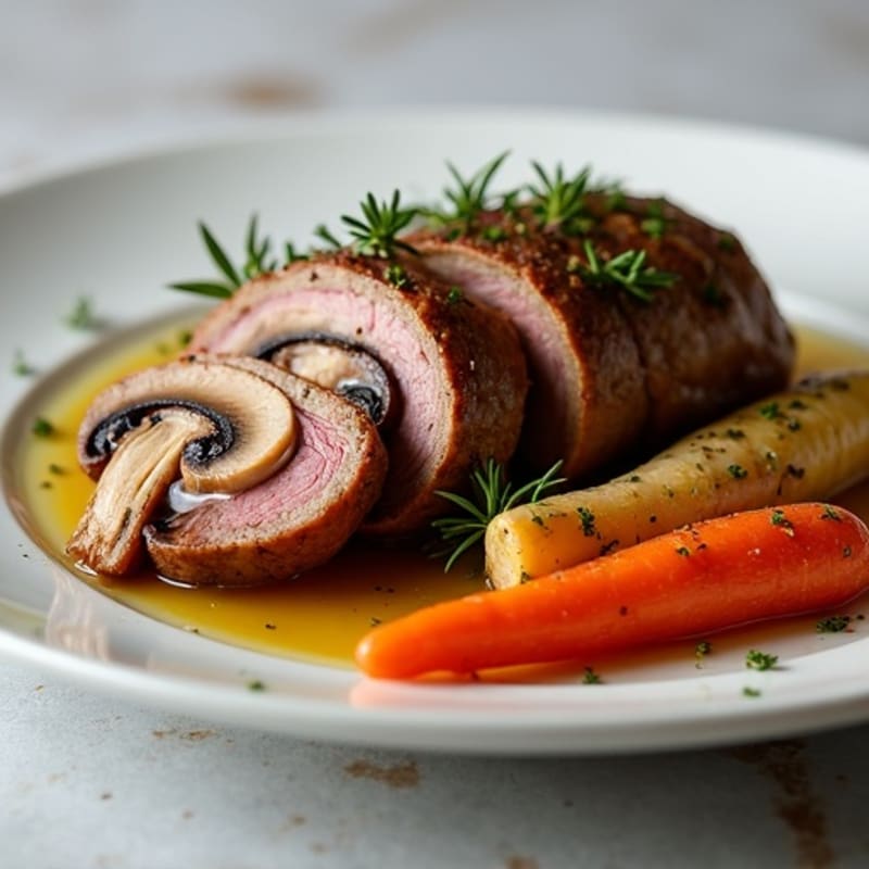 Mushroom-Wrapped Beef Tenderloin with Roasted Root Vegetables