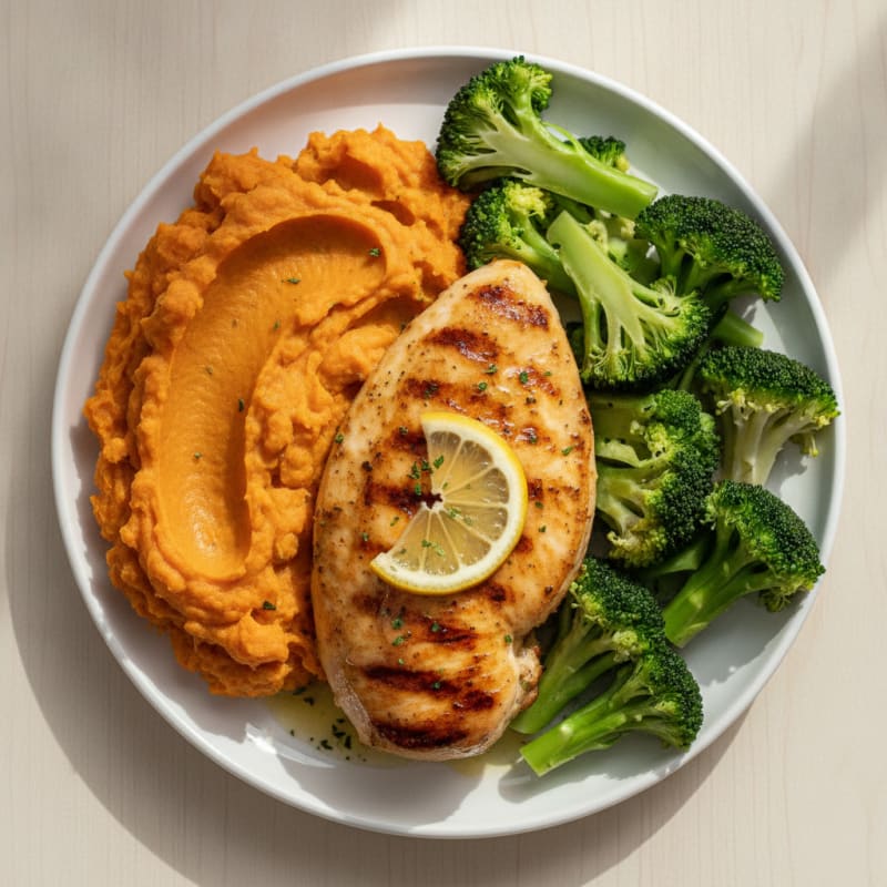 Grilled Chicken Breast with Steamed Broccoli and Mashed Sweet Potatoes