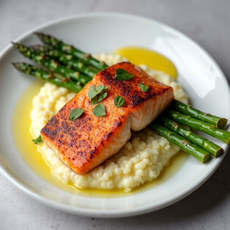 Seared Salmon with Steamed Asparagus and Cauliflower Mash