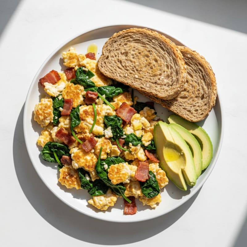 Crispy Egg White and Turkey Bacon Scramble with Sautéed Spinach